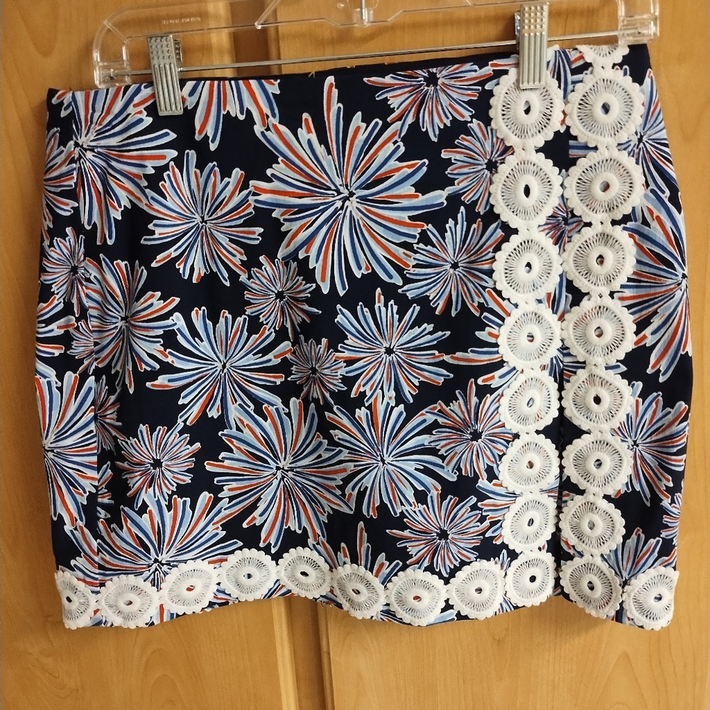 crown & ivy Navy Floral Crochet Trim Skort with Blue and Orange Accents